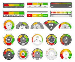Speedometer indicator level. Quality rating indication, goods grade tachometer indicators, satisfaction score indicators vector icons set. Illustration bar indicate, minimum medium and max