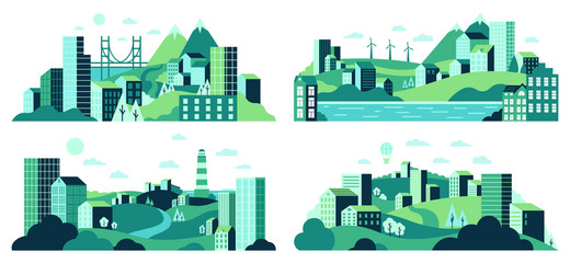 Village landscape. Minimalist town views, city house district, daytime landscape with buildings, trees and hills vector illustration set. Town and village landscape view, house building