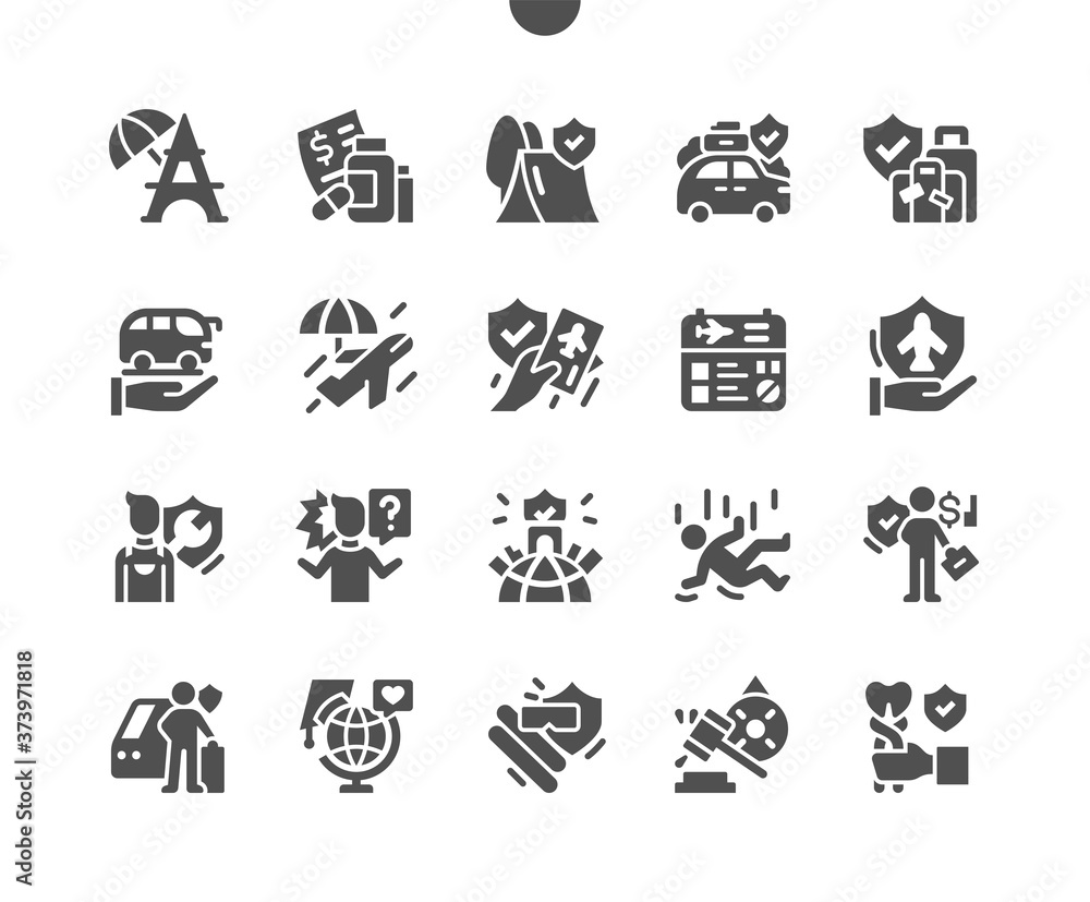 Poster travel insurance well-crafted pixel perfect vector solid icons 30 2x grid for web graphics and apps.