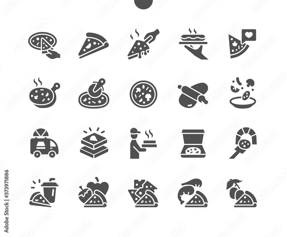 Poster pizza well-crafted pixel perfect vector solid icons 30 2x grid for web graphics and apps. simple min