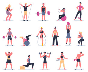 Fototapeta na wymiar Sport people. Young athletes at sport gym, male female fitness workout characters training and exercising vector illustration icons set. Fitness training exercise, active woman and man, people workout