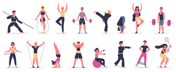 Fitness sport activities. People training, male female characters performing sport, martial arts and yoga vector illustration icons set. Art martial and yoga, sportswear and athletic equipment