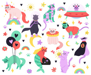 Obraz na płótnie Canvas Funny cartoon cats. Kitty mermaid, unicorn, superhero, astronaut and alien characters, colorful cute fairy cats isolated illustration icons set. Kitty sweet, doodle unicorn cat and superhero