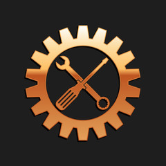 Gold Maintenance symbol - screwdriver, spanner and cogwheel icon isolated on black background. Service tool symbol. Setting icon. Long shadow style. Vector.