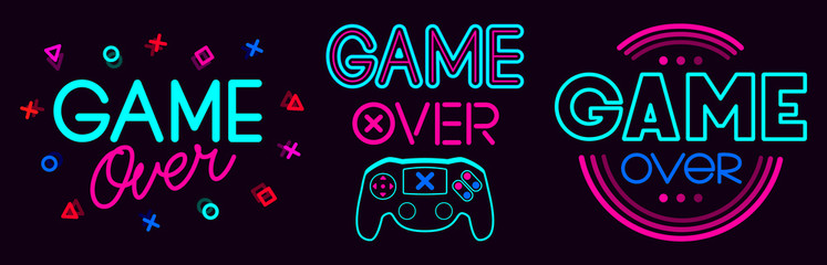 Game over signs. Computer video game death screen phrases, last life video gaming glitch, video game fail screen vector illustration icons set. Game over text, final video gaming © WinWin