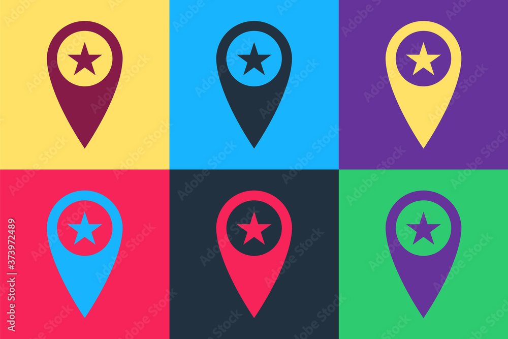 Poster pop art map pointer with star icon isolated on color background. star favorite pin map icon. map mar
