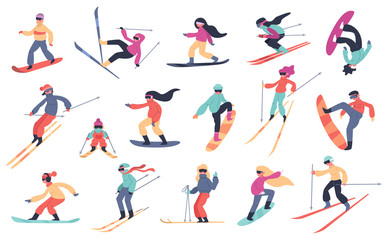 Fototapeta na wymiar Skiing snowboarding people. Winter sport activities, young people on snowboard or ski, extreme mountain sports isolated vector illustration set. Extreme snowboard, sport ski and snowboarding