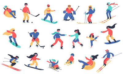 Winter snow activities. Skiing, snowboarding, hockey and ice skates, family holiday winter activities isolated vector illustration icons set. Ice hockey and board, snow extreme sport