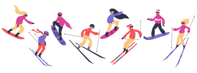 Skiers and snowboarders. Winter sport activities, people on snowboard, young skiers and snowboarders jump on mountain vector illustration set. Extreme snow mountain, snowboard and snowboarding - obrazy, fototapety, plakaty