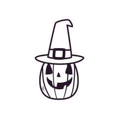 halloween pumpkin cartoon with hat free form line style icon vector design