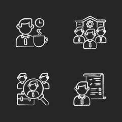 Recruitment chalk white icons set on black background. Company personnel, coffee break, headhunting and professional demands. Job application, hiring. Isolated vector chalkboard illustrationss