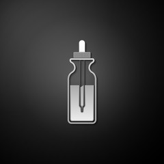 Silver Glass bottle with a pipette. Vial with a pipette inside and lid icon isolated on black background. Container for medical and cosmetic product. Long shadow style. Vector.