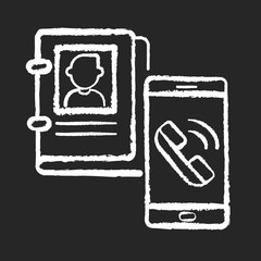 Company contacts chalk white icon on black background. Customer support service, official contact info. Telemarketing business. Handbook and smartphone isolated vector chalkboard illustration