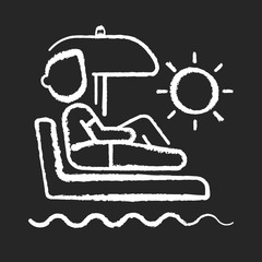 Vacation leave chalk white icon on black background. Taking break from work, holiday season recreation. Company employee sunbathing. Relaxing businessman isolated vector chalkboard illustration