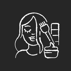 Hair colouring chalk white icon on black background. Permanent and temporary hair dyeing. Makeover. Beauty parlor. Hairdresser services. Beauty procedures. Isolated vector chalkboard illustration
