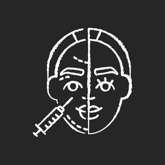 Skin injections chalk white icon on black background. Subcutaneous and whitening injections. Anti aging and wrinkle. Injectable dermal fillers. Isolated vector chalkboard illustration