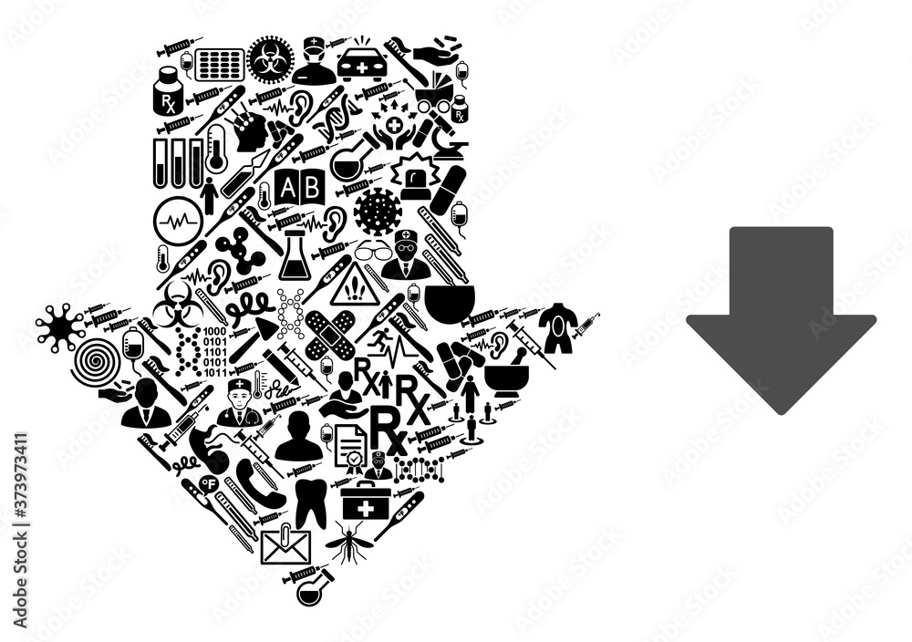 Poster mosaic arrow down with health care items and basic icon. mosaic vector arrow down is created with he