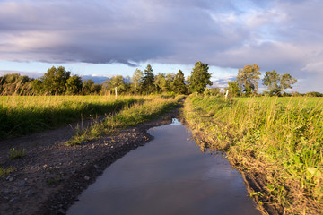 Fototapeta premium Muddy dirt road with large puddle seen after heavy rains leading to a a stormy sky during a golden hour summer evening, St-Augustin-de-Desmaures, Quebec, Canada