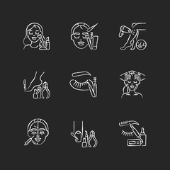 Obraz premium Beauty parlor chalk white icons set on black background. Makeup. Manicure and pedicure. Eyebrow and eyelash making. Microblading. Beauty procedures. Isolated vector chalkboard illustrations