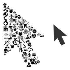 Mosaic cursor arrow from medicine items and basic icon. Mosaic vector cursor arrow is formed from medicine icons. Abstract design elements for hospital applications.
