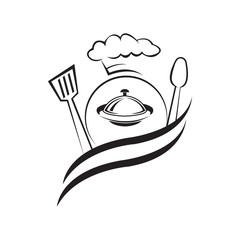 chef logo illustration of cooking utensils, serving bowl vector design