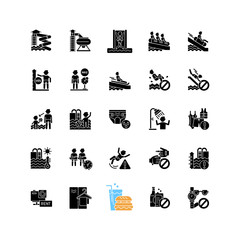 Water park black glyph icons set on white space. Aquatic play area, summer recreation center silhouette symbols. Safety rules on water slides and in swimming pools. Vector isolated illustrations