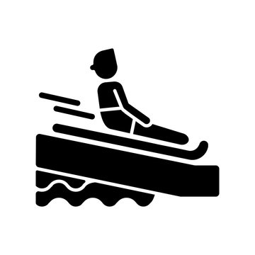 recommend clip art: Swimming mat black glyph icon. Waterslide riding rules, aqua park entertainment silhouette symbol on white space. Active recreation. Tourist sliding on inflatable mattress vector isolated illustration