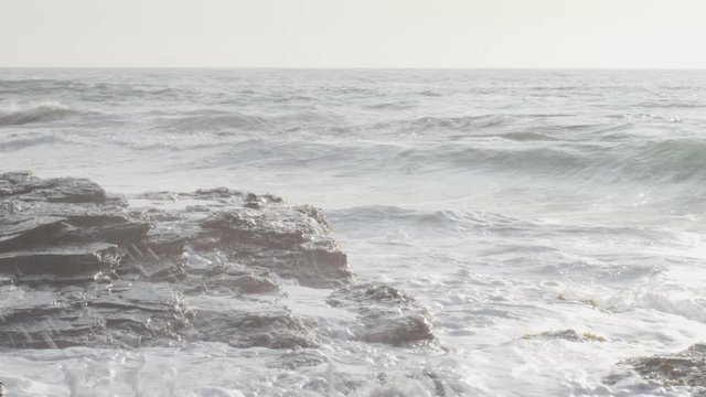 
movement of waves crashing violently over rocks