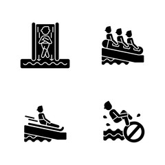 Waterslide types black glyph icons set on white space. Speed slide, family rafting, swimming mat and no bomb jumping silhouette symbols. Waterpark activities and rules. Vector isolated illustrations