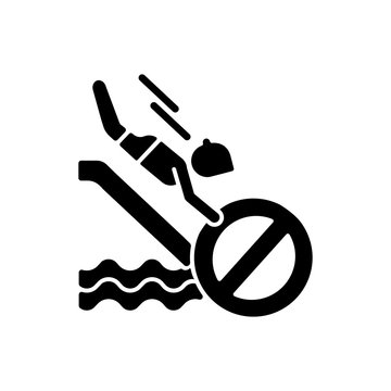 recommend clip art: No head down sliding black glyph icon. Water park security policy, safety rule for waterslide attractions. Aqua park entertainment silhouette symbol on white space. Vector isolated illustration