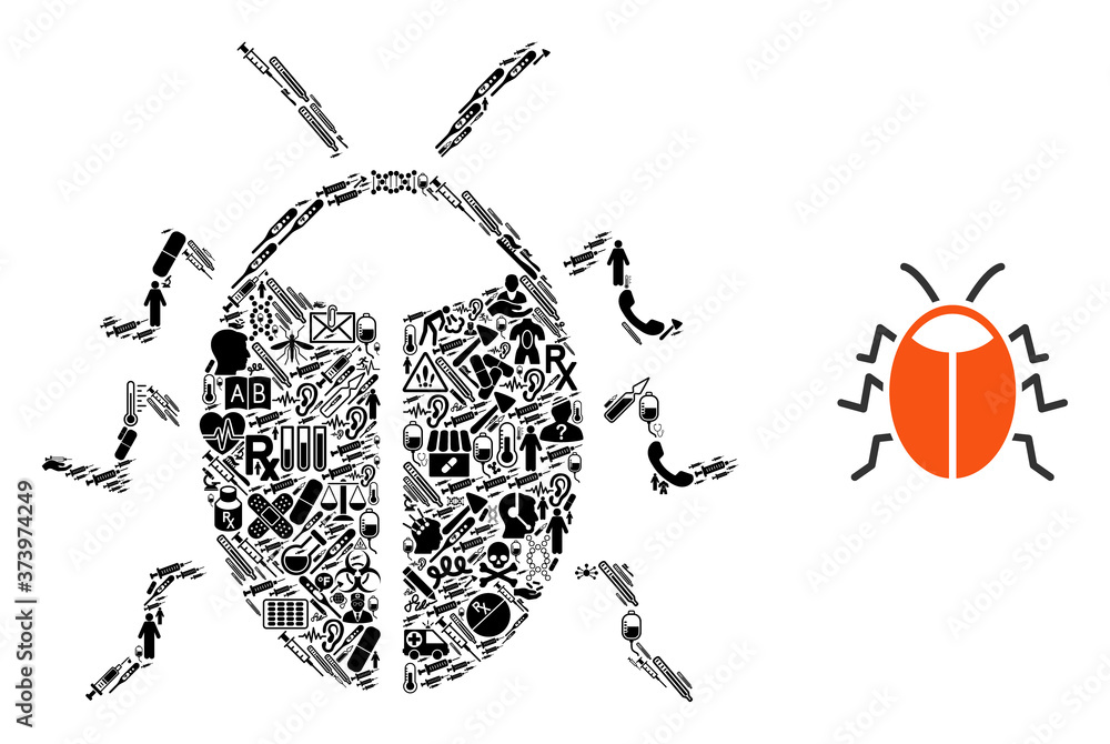 Poster mosaic bug from healthcare items and basic icon. mosaic vector bug is formed from medic items. abstr