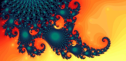 Abstract Green & Orange Fractal Background - Bold and bright, resembling an octopus tentacle, this scene will grab you. It glows enough to look 2D without an all-out distraction.  © SXW Designs