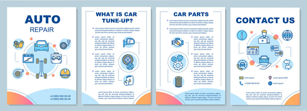 Auto recovery service brochure template. Car tune-up. Flyer, booklet, leaflet print, cover design with linear icons. Car parts. Vector layouts for magazines, annual reports, advertising posters