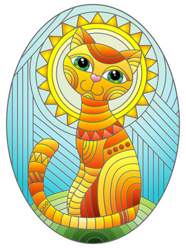 Illustration in stained glass style with abstract geometric red cat and the sun on an abstract blue background, oval image