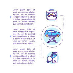 Vehicle repair process concept icon with text. PPT page vector template. Automobile parts replacement. Routine car maintaince. Brochure, magazine, booklet design element with linear illustrations