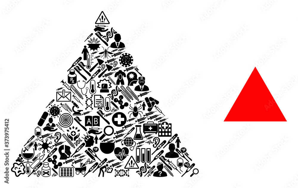Poster mosaic filled triangle of medic symbols and basic icon. mosaic vector filled triangle is created of 