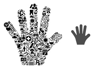 Mosaic hand fingers with medical symbols and basic icon. Mosaic vector hand fingers is created with medical icons. Flat illustrations elements for doctor illustrations.