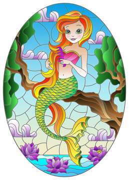 Illustration in stained glass style with cute cartoon mermaid ,sitting on a tree branch on a background of water and sky, in bright frame, oval image