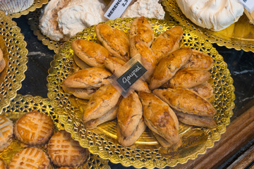 Spanish breads and pastries at sweet and pastry shop in Barcelona, Spain. 