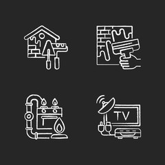 House repairs and facilities chalk white icons set on black background. External decoration. House decorating and renovating. Gas pipework. TV tuner. Isolated vector chalkboard illustrations