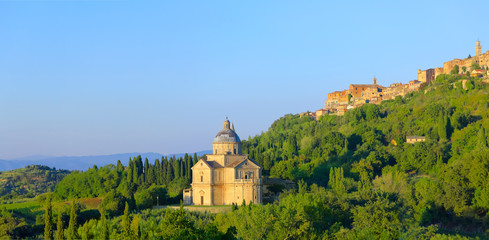 Beautiful Tuscany panorama, View of Montepulciano and Chiesa di San Biagio, San Biagio.