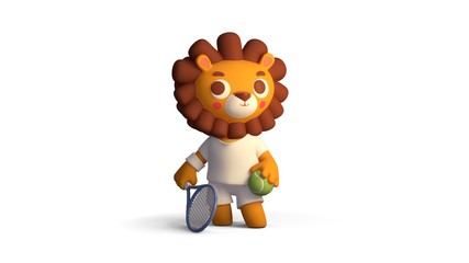 Cartoon kid lion plays tennis, 3D rendering