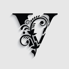 letter V flower ornament. Vector logo. Monogram alphabet. Beautiful floral capital letters	
