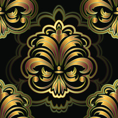 Golden, seamless floral pattern on a black background, damask wallpaper