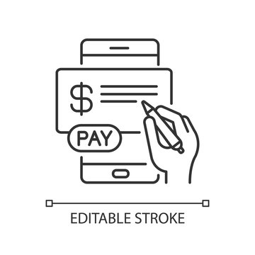 Pay In Cheques Linear Icon. E Billing System. Mobile Banking Service. Online Paperless Check. Thin Line Customizable Illustration. Contour Symbol. Vector Isolated Outline Drawing. Editable Stroke