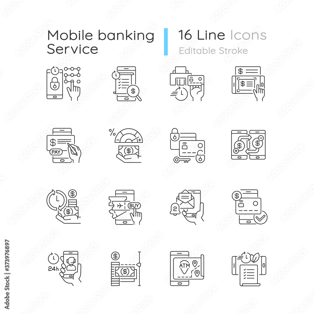Poster mobile banking service linear icons set. e wallet personal account management. e payment transaction