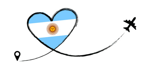 Flag Argentina. Love Romantic travel airplane line path of air plane flight route with start point icon. Air plane flying. Vector fly pin location pointer route, trace and track sign. 