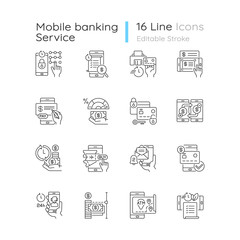 Mobile banking service linear icons set. E wallet personal account management. E payment transactions. Customizable thin line contour symbols. Isolated vector outline illustrations. Editable stroke