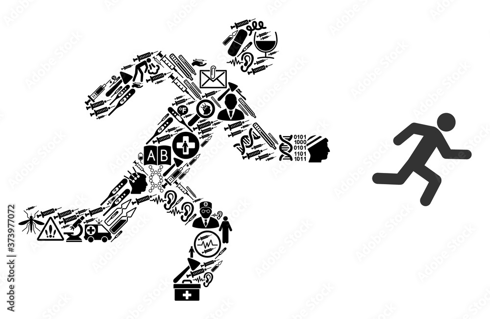 Poster mosaic running man with medical symbols and basic icon. mosaic vector running man is composed with m