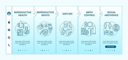 Reproductive health onboarding vector template. Sexual education. Safe sex. Birth control with condom. Responsive mobile website with icons. Webpage walkthrough step screens. RGB color concept